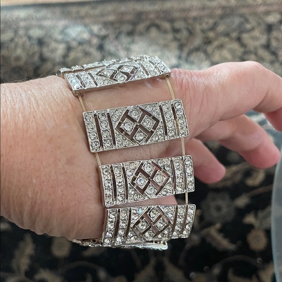 Silver Geometric Crystal Art Deco Cuff Stretch Bracelet - Picture 3 of 11